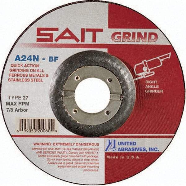 Sait - 24 Grit, 4-1/2" Wheel Diam, 3/16" Wheel Thickness, 7/8" Arbor Hole, Type 27 Depressed Center Wheel - Aluminum Oxide, Resinoid Bond, N Hardness, 13,300 Max RPM, Compatible with Angle Grinder - A1 Tooling