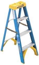 Werner - 3 Steps, 4' High, Type I Rating, Fiberglass Step Ladder - 250 Lb Capacity, 19" Base Width - A1 Tooling