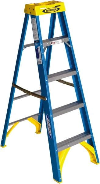 Werner - 4 Steps, 5' High, Type I Rating, Fiberglass Step Ladder - 250 Lb Capacity, 20-1/2" Base Width - A1 Tooling