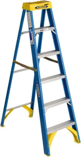 Werner - 5 Steps, 6' High, Type I Rating, Fiberglass Step Ladder - 250 Lb Capacity, 22" Base Width - A1 Tooling