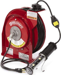 Reelcraft - 16 AWG, 50' Cable Length, Cord & Cable Reel with LED Light End - 1 Outlet, NEMA 5-15R, 13 Amps, 125 Volts, SJTOW Cable, Red Reel, Spring Driven Reel - A1 Tooling