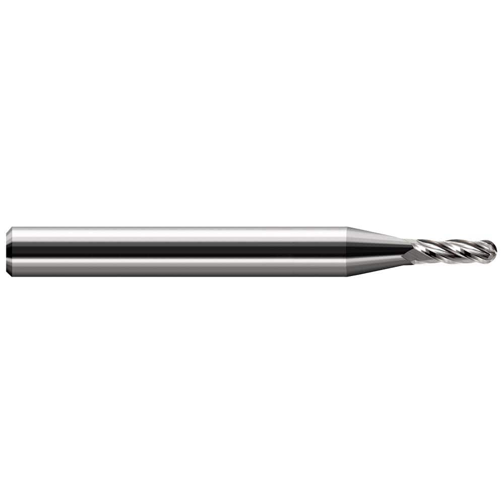 Ball End Mill: 0.053″ Dia, 0.159″ LOC, 2 Flute, Solid Carbide 1-1/2″ OAL, 1/8″ Shank Dia, 30 ° Helix, Uncoated, Single End