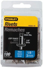 Stanley - Steel Color Coded Blind Rivet - Steel Mandrel, 0.062" to 1/8" Grip, 1/4" Head Diam, 0.125" to 0.133" Hole Diam, 0.275" Length Under Head, 1/8" Body Diam - A1 Tooling