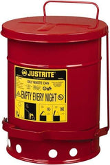 Justrite - 6 Gallon Capacity, Galvanized Steel Disposal Can - 11-7/8 Inch Wide/Diameter x 15-7/8 Inch High, Red, Foot Operated, Approved FM and UL - A1 Tooling