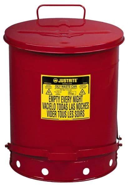 Justrite - 14 Gallon Capacity, Galvanized Steel Disposal Can - 16-1/16 Inch Wide/Diameter x 20-1/4 Inch High, Red, Foot Operated, Approved FM and UL - A1 Tooling