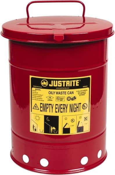 Justrite - 6 Gallon Capacity, Galvanized Steel Disposal Can - 11-7/8 Inch Wide/Diameter x 15-7/8 Inch High, Red, Hand Operated, Approved FM and UL - A1 Tooling