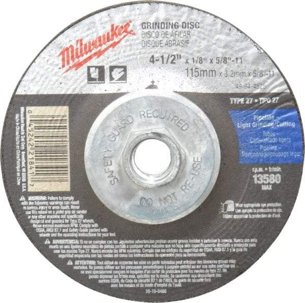 Milwaukee Tool - 30 Grit, 4-1/2" Wheel Diam, 1/8" Wheel Thickness, Type 27 Depressed Center Wheel - Aluminum Oxide, Resinoid Bond, S Hardness, 13,580 Max RPM, Compatible with Angle Grinder - A1 Tooling