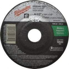 Milwaukee Tool - 24 Grit, 4-1/2" Wheel Diam, 1/4" Wheel Thickness, 7/8" Arbor Hole, Type 27 Depressed Center Wheel - Silicon Carbide, Resinoid Bond, T Hardness, 13,580 Max RPM, Compatible with Angle Grinder - A1 Tooling