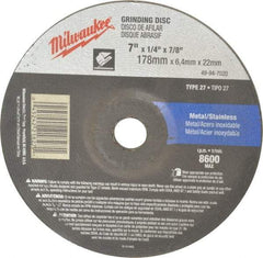 Milwaukee Tool - 24 Grit, 7" Wheel Diam, 1/4" Wheel Thickness, 7/8" Arbor Hole, Type 27 Depressed Center Wheel - Aluminum Oxide, Resinoid Bond, R Hardness, 8,600 Max RPM, Compatible with Angle Grinder - A1 Tooling