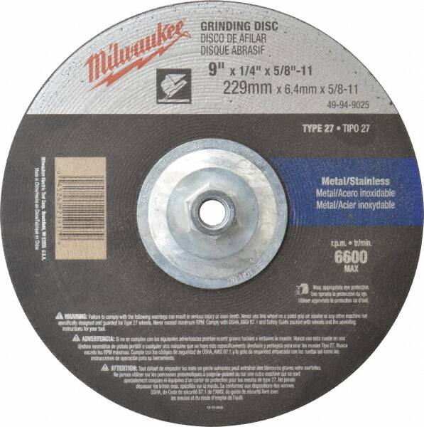 Milwaukee Tool - 24 Grit, 9" Wheel Diam, 1/4" Wheel Thickness, Type 27 Depressed Center Wheel - Aluminum Oxide, Resinoid Bond, R Hardness, 6,600 Max RPM, Compatible with Angle Grinder - A1 Tooling