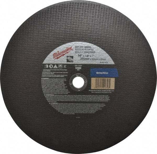 Milwaukee Tool - 14" 24 Grit Aluminum Oxide Cutoff Wheel - 1/8" Thick, 1" Arbor, 5,400 Max RPM, Use with Angle Grinders - A1 Tooling