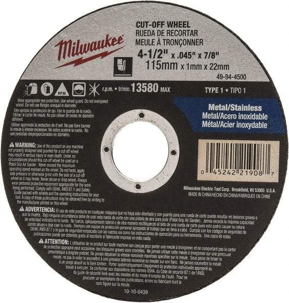 Milwaukee Tool - 4-1/2" 60 Grit Aluminum Oxide Cutoff Wheel - 0.045" Thick, 7/8" Arbor, 13,580 Max RPM, Use with Angle Grinders - A1 Tooling