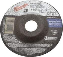 Milwaukee Tool - 60 Grit, 4-1/2" Wheel Diam, 7/8" Arbor Hole, Type 27 Depressed Center Wheel - Aluminum Oxide, Resinoid Bond, T Hardness, 13,580 Max RPM, Compatible with Angle Grinder - A1 Tooling