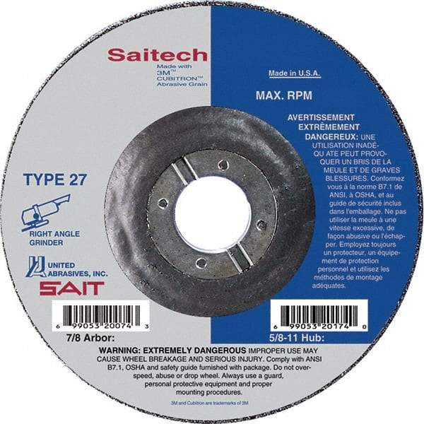 Sait - 7" Wheel Diam, 1/4" Wheel Thickness, 7/8" Arbor Hole, Type 27 Depressed Center Wheel - Ceramic, Resinoid Bond, 8,500 Max RPM, Compatible with Angle Grinder - A1 Tooling