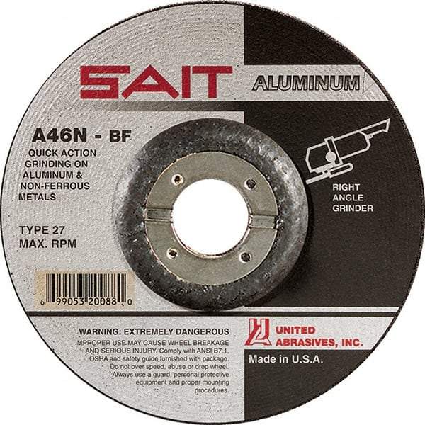 Sait - 46 Grit, 4-1/2" Wheel Diam, 1/4" Wheel Thickness, 7/8" Arbor Hole, Type 27 Depressed Center Wheel - Aluminum Oxide, Resinoid Bond, N Hardness, 13,300 Max RPM, Compatible with Angle Grinder - A1 Tooling