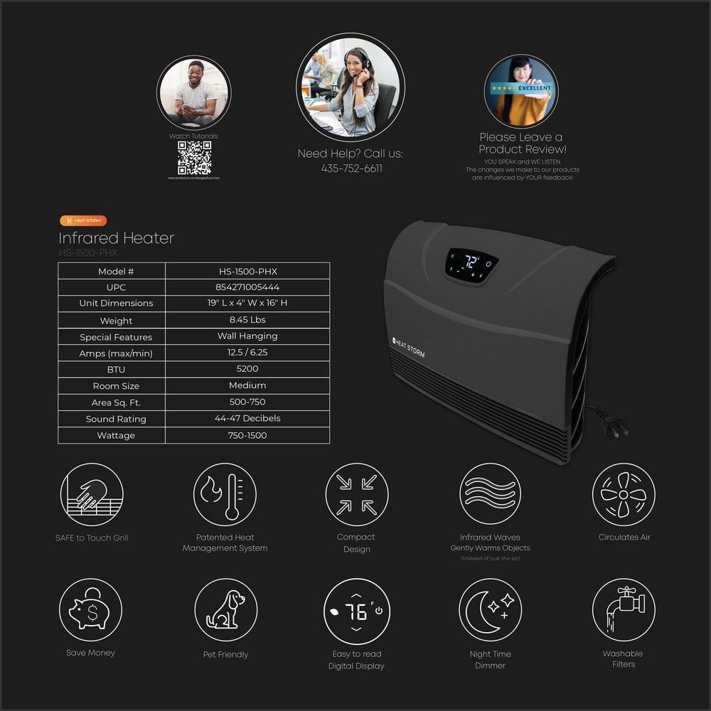 Workstation & Personal Heaters; Type: Wifi Enabled; Infrared Heater; Voltage: 120V AC; Wattage: 1500; Cord Length: 3; Length (Inch): 19 in; Width (Inch): 4 in; Number of Switch Positions: 2.000; Wattage: 1500