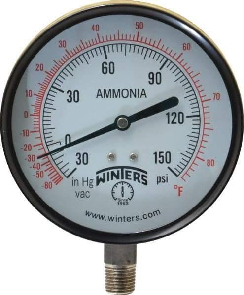 Winters - 4" Dial, 1/4 Thread, 30-0-150 Scale Range, Pressure Gauge - Lower Connection Mount, Accurate to 3-2-3% of Scale - A1 Tooling