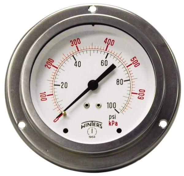 Winters - 2-1/2" Dial, 1/4 Thread, 0-600 Scale Range, Pressure Gauge - Front Flange Panel Mount, Center Back Connection Mount, Accurate to 1.5% of Scale - A1 Tooling