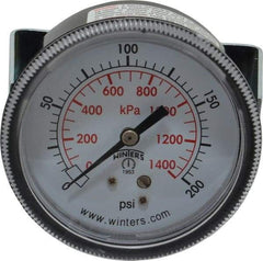 Winters - 2-1/2" Dial, 1/4 Thread, 0-200 Scale Range, Pressure Gauge - U-Clamp Panel Mount, Center Back Connection Mount, Accurate to 2.5% of Scale - A1 Tooling