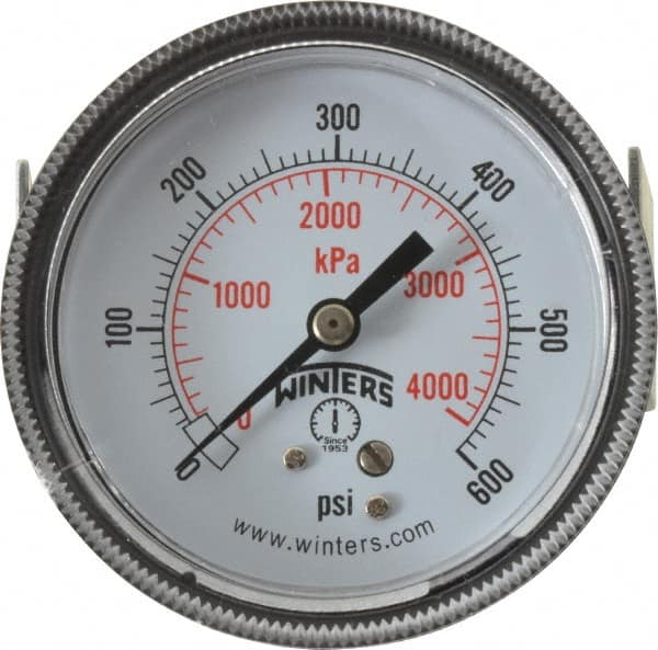 Winters - 2-1/2" Dial, 1/4 Thread, 0-600 Scale Range, Pressure Gauge - U-Clamp Panel Mount, Center Back Connection Mount, Accurate to 2.5% of Scale - A1 Tooling