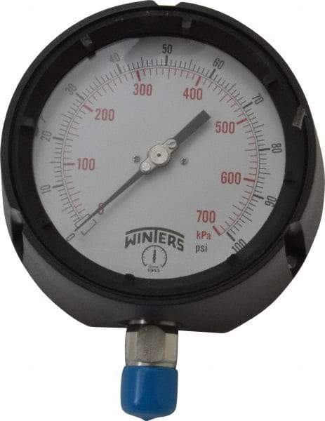 Winters - 4-1/2" Dial, 1/2 Thread, 0-100 Scale Range, Pressure Gauge - Lower Connection Mount, Accurate to 0.5% of Scale - A1 Tooling