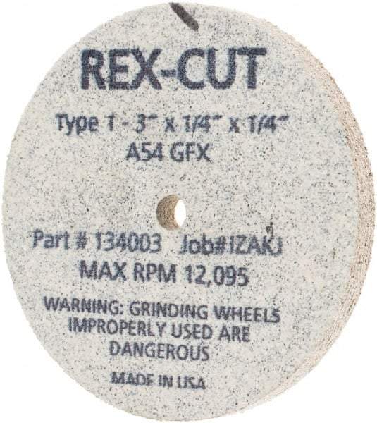 Rex Cut Product - 3" Diam x 1/4" Hole x 1/4" Thick, 54 Grit Surface Grinding Wheel - Aluminum Oxide, Type 1, Coarse Grade, 12,095 Max RPM, Rubber Bond, No Recess - A1 Tooling