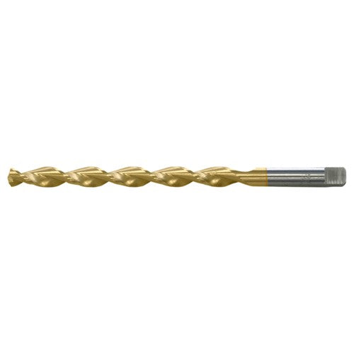 39/64 RHS / RHC HSS 135 Degree Notched Point Deep Hole Parabolic Taper Length Drill - TiN - Exact Industrial Supply