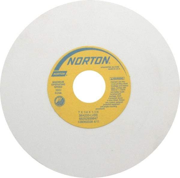 Norton - 7" Diam x 1-1/4" Hole x 1/4" Thick, L Hardness, 220 Grit Surface Grinding Wheel - Aluminum Oxide, Type 1, Very Fine Grade, 3,600 Max RPM, Vitrified Bond, No Recess - A1 Tooling