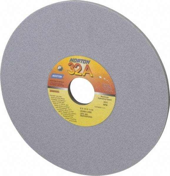 Norton - 8" Diam x 1-1/4" Hole x 1/4" Thick, L Hardness, 80 Grit Surface Grinding Wheel - Aluminum Oxide, Type 1, Medium Grade, 3,600 Max RPM, Vitrified Bond, No Recess - A1 Tooling