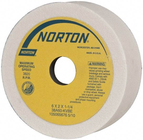 Norton - 6" Diam, 1-1/4" Hole Size, 2" Overall Thickness, 60 Grit, Type 6 Tool & Cutter Grinding Wheel - Medium Grade, Aluminum Oxide, K Hardness, Vitrified Bond, 3,820 RPM - A1 Tooling