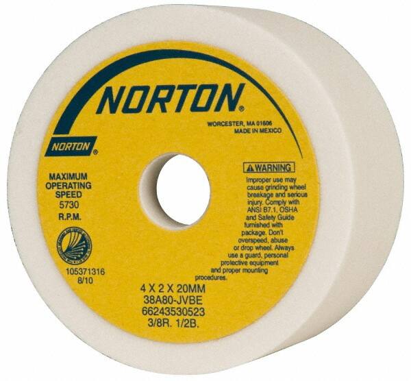 Norton - 4" Diam, 20mm Hole Size, 2" Overall Thickness, 80 Grit, Type 6 Tool & Cutter Grinding Wheel - Medium Grade, Aluminum Oxide, J Hardness, Vitrified Bond, 5,730 RPM - A1 Tooling