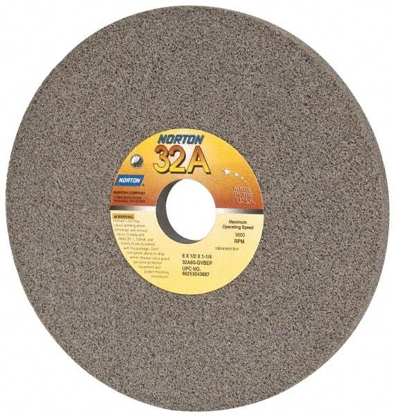 Norton - 8" Diam x 1-1/4" Hole x 1/2" Thick, G Hardness, 60 Grit Surface Grinding Wheel - Aluminum Oxide, Type 1, Medium Grade, 3,600 Max RPM, Vitrified Bond, No Recess - A1 Tooling