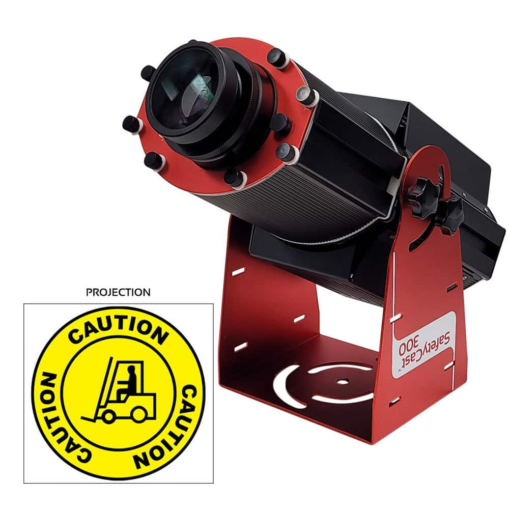 LED Sign Projectors; Sign Type: Forklift Caution; Legend: Caution; Bilingual: No; Language: English; Color: Yellow; Maximum Projection: 50 ft; Mounting Location: Ceiling; Wattage: 300.000; Voltage: 100-240 VAC; Length: 210.0000; Width: 210.000; Height: 71