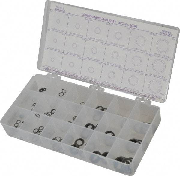 Precision Brand - 270 Piece, 1/4 to 3/4" Screw, Spring Steel Flat Washer Assortment - Includes (15) 0.187 to 0.296 Inside x 0.248 to 0.371 Out Side Diam, (30) 0.171 to 0.289 Inside x 0.248 to 308 OD Washer & Compartmented Storage Case - A1 Tooling