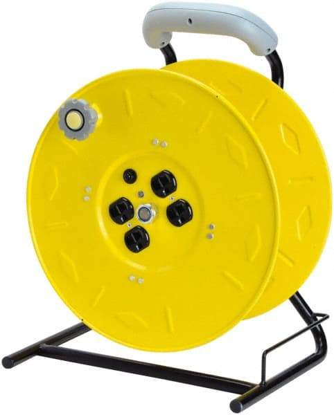 Value Collection - 12 AWG, 100' Cable Length, Cord & Cable Reel with Outlet End, No Cable - 4 Outlets, NEMA 5-15R, 15 Amps, 125 Volts, SO Cable, Yellow Reel, Hand Crank Reel - A1 Tooling