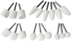 Value Collection - 18 Piece, 1/4" Shank Diam, Wool Felt Bob Set - Medium Density, Includes Ball, Cone, Cylinder, Flame, Olive & Oval Bobs - A1 Tooling