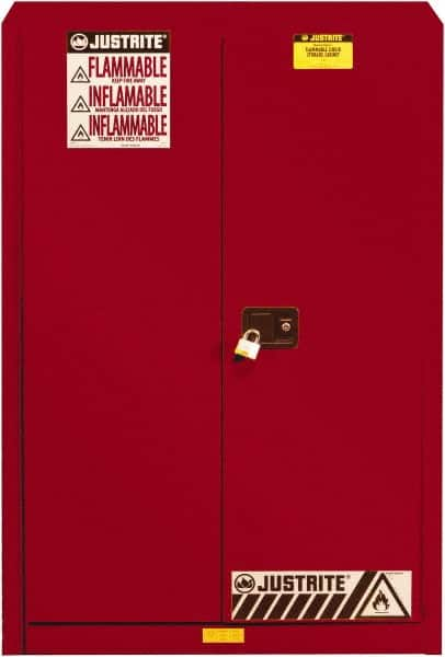 Justrite - 2 Door, 5 Shelf, Red Steel Standard Safety Cabinet for Flammable and Combustible Liquids - 65" High x 43" Wide x 18" Deep, Self Closing Door, 3 Point Key Lock, 60 Gal Capacity - A1 Tooling