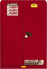 Justrite - 2 Door, 5 Shelf, Red Steel Standard Safety Cabinet for Flammable and Combustible Liquids - 65" High x 43" Wide x 18" Deep, Self Closing Door, 3 Point Key Lock, 60 Gal Capacity - A1 Tooling