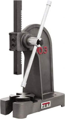 Jet - 1/2" Ram, 7-7/8" Throat Depth, 2 Ton Manual Arbor Press - 7-7/8" Max Work Height x 11-3/8" Max Work Width, Single Leverage, 6-3/8" Base Width x 17" Base Depth - A1 Tooling