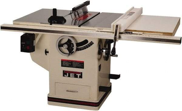 Jet - 10" Blade Diam, 5/8" Arbor Diam, 1 Phase Table Saw - 5 hp, 65" Wide x 36" Deep x 38" High, 230 Volt, 3" Cutting Depth - A1 Tooling