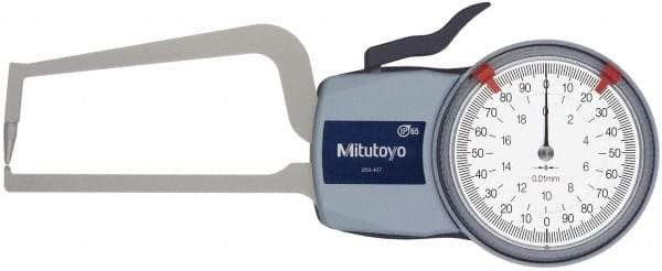 Mitutoyo - 20mm Max Measurement, 0.01mm Graduation, Outside Dial Caliper Gage - 3.1496 Inch Leg Length, 0.03mm Accuracy - A1 Tooling