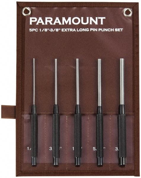 Paramount - 5 Piece, 1/8 to 3/8", Pin Punch Set - Round Shank, Steel, Comes in Canvas Roll - A1 Tooling