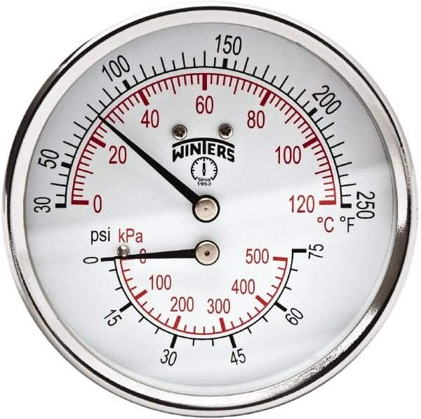 Winters - 3" Dial, 1/2 Thread, 0-75 Scale Range, Pressure Gauge - Center Back Connection Mount, Accurate to 0.03% of Scale - A1 Tooling