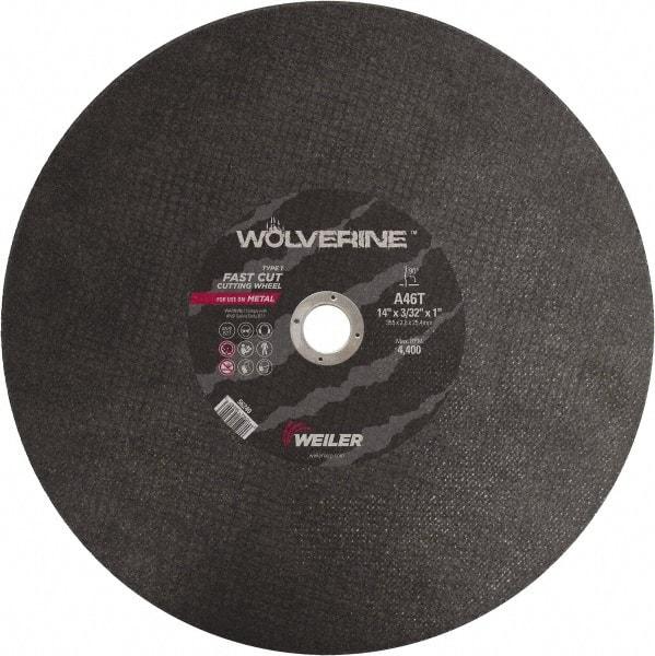 Weiler - 14" 46 Grit Aluminum Oxide Cutoff Wheel - 3/32" Thick, 1" Arbor, 4,400 Max RPM, Use with Chop Saws - A1 Tooling