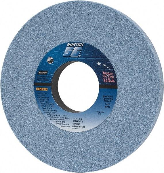 Norton - 10" Diam x 3" Hole x 1" Thick, I Hardness, 46 Grit Surface Grinding Wheel - Ceramic, Type 1, Coarse Grade, 2,485 Max RPM, Vitrified Bond, No Recess - A1 Tooling