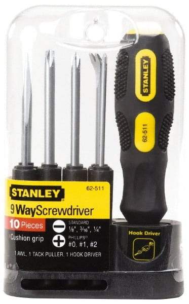 Stanley - 9 Piece Phillips & Slotted Screwdriver Set - Blade Sizes: Width 3/16, 1/4 & 1/8, Bit Sizes: Philips #0 to #2 - A1 Tooling