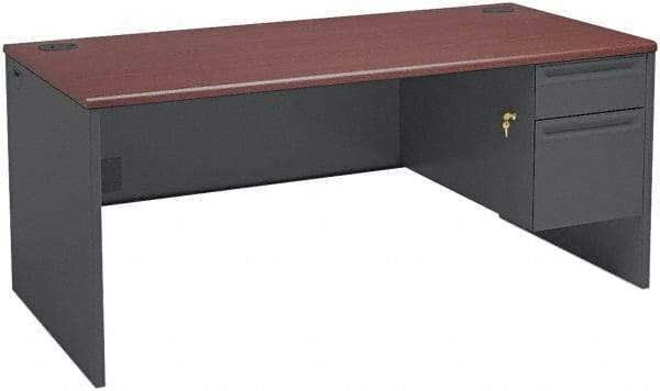 Hon - Steel-Reinforced High-Pressure Laminate/Metal Right Pedestal Desk - 66" Wide x 30" Deep x 29" High, Mahogany/Charcoal - A1 Tooling