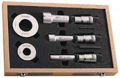 Fowler - 8 Piece, 2 to 4", Carbide, Hole Mechanical Inside Micrometer Set - 0.005mm Graduation, Ratchet Stop Thimble, Includes (2) Setting Rings, (3) Handles & (3) Heads - A1 Tooling