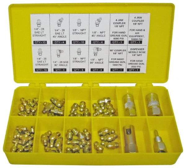 PRO-LUBE - 60 Piece, Inch, Box Plastic Steel Grease Fitting Set - Includes PTF, UNF Thread Types, Includes 1/4-28 SAE-LT: (25) Straight, (4) 45°, (4) 90°, 1/8-27 PTF: (15) Straight, (4) 45°, (4) 90° - A1 Tooling