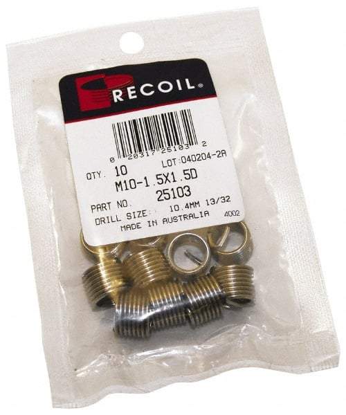 Recoil - 10 Inserts, 3/8-16 UNC, 2D, Stainless Steel Screw Locking Insert - 3/4 Inch Overall Length, with Tang, Bright Finish - Exact Industrial Supply